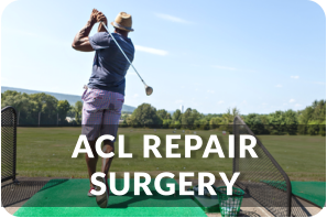 A man is hitting golf balls on a driving range. Title reads: ACL Repair Surgery