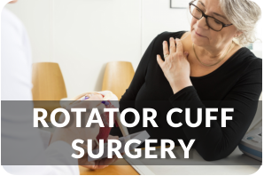 A senior woman holds her shoulder as a doctor uses a model of a shoulder to explain where her pain is coming from. Title reads: Rotator Cuff Surgery