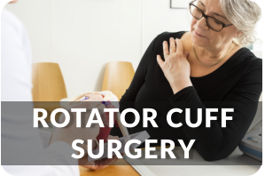 A senior woman holds her shoulder as a doctor uses a model of a shoulder to explain where her pain is coming from. Title reads: Rotator Cuff Surgery